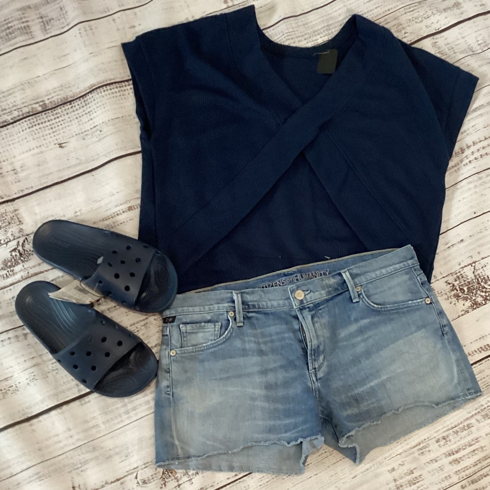 460. Shein Dark Blue Criss-Cross Back Cropped Waffle Top NWT Size XL - Picture 2 of 3